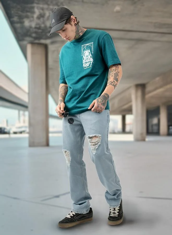 HIGH STAR Moto Racer Graphic Printed Round Neck Short Sleeves Relaxed Fit Cotton T-shirt